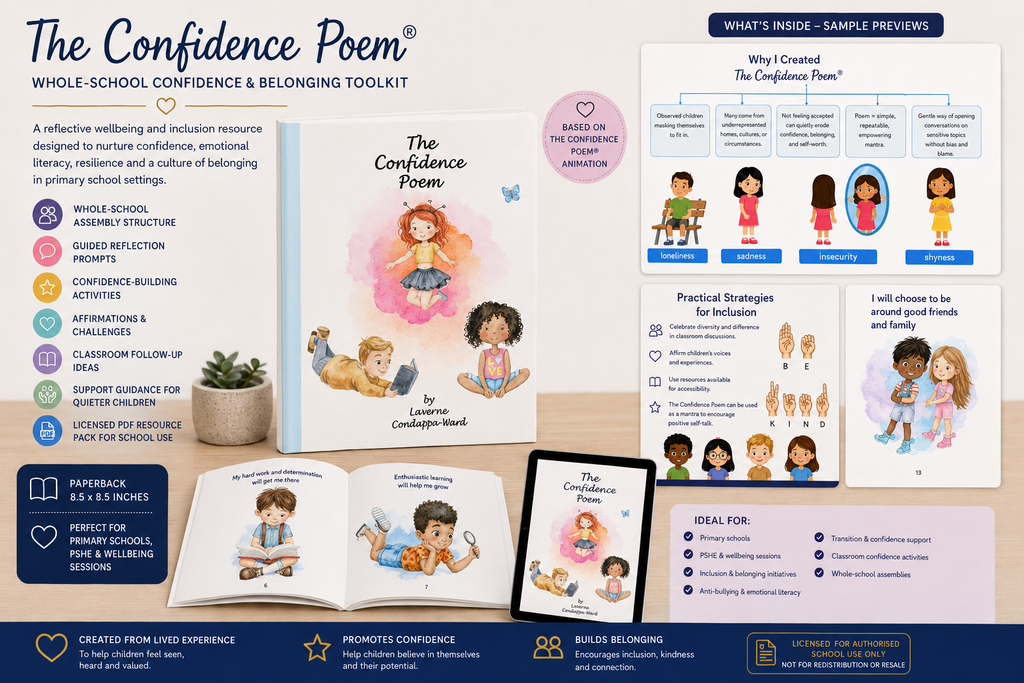 Mockup preview of The Confidence Poem® School Confidence & Inclusion Resource Pack featuring the wellbeing book, classroom resources, confidence-building activities and inclusion presentation materials for primary schools.