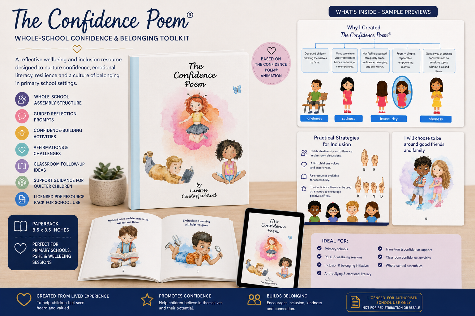 Mockup preview of The Confidence Poem® School Confidence & Inclusion Resource Pack featuring the wellbeing book, classroom resources, confidence-building activities and inclusion presentation materials for primary schools.
